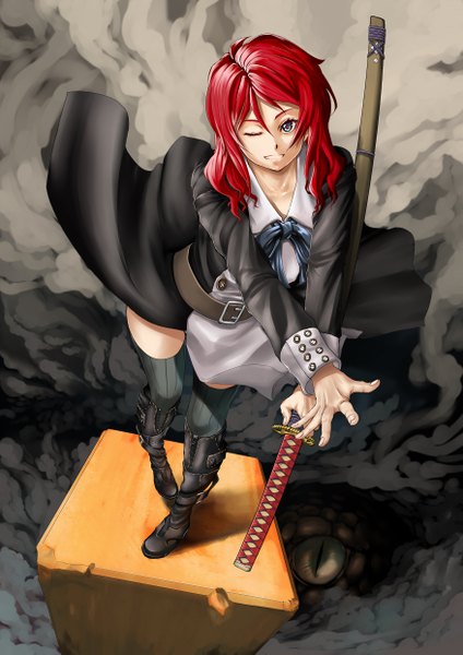 Anime picture 1754x2481 with original realmbw single long hair tall image highres blue eyes red hair one eye closed wink girl thighhighs sword katana