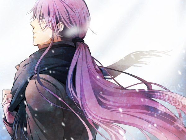 Anime picture 1536x1152 with vocaloid kamui gakupo genmai single long hair fringe hair between eyes purple hair upper body ponytail eyes closed profile wind snowing winter exhalation boy scarf hair tie snowflake (snowflakes)