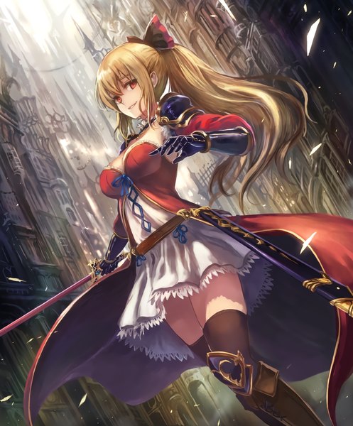 Anime picture 848x1024 with granblue fantasy shadowverse vira lilie tagme (artist) single long hair tall image looking at viewer fringe breasts light erotic blonde hair smile hair between eyes red eyes large breasts standing holding payot cleavage