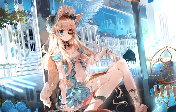 Anime picture 1877x1200 with original b rock single long hair blush fringe highres breasts blue eyes blonde hair sitting animal ears looking away cleavage barefoot cat ears city girl flower (flowers) bow