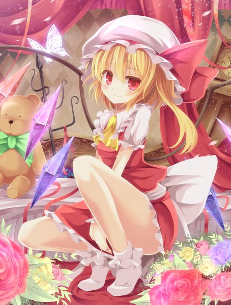 Anime picture 965x1275 with touhou flandre scarlet aibumi single tall image blush short hair blonde hair smile red eyes girl dress skirt flower (flowers) wings socks rose (roses) insect butterfly white socks