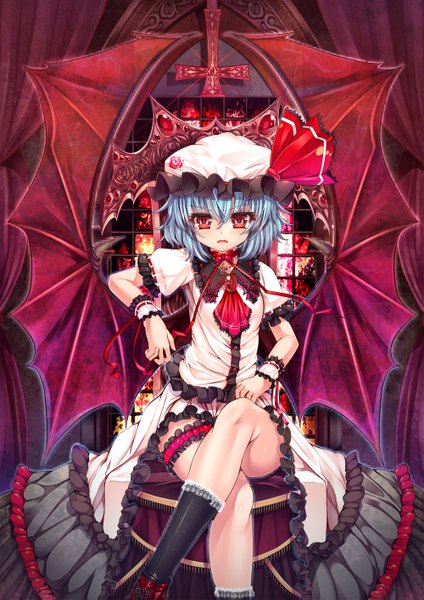 Anime picture 1000x1414 with touhou remilia scarlet kantarou (nurumayutei) single tall image short hair red eyes sitting blue hair loli crossed legs girl dress ribbon (ribbons) wings socks frills window black socks