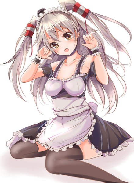 Anime picture 1262x1726 with kantai collection amatsukaze destroyer velia (artist) single long hair tall image blush open mouth simple background white background sitting brown eyes silver hair head tilt maid two side up wariza girl thighhighs dress