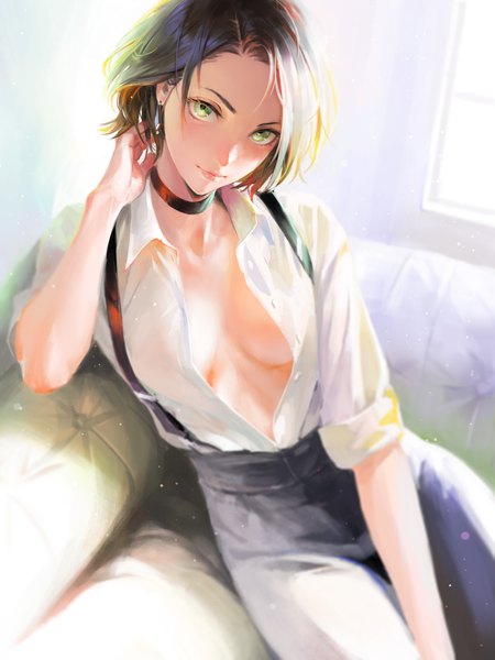 Anime picture 3072x4096 with original arata yokoyama single tall image looking at viewer blush fringe highres short hair breasts light erotic black hair smile sitting green eyes absurdres realistic no bra open shirt twisty sleeves