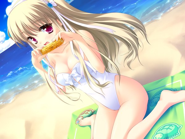 Anime picture 1024x768 with honey coming clarissa satsuki maezono long hair light erotic blonde hair game cg pink eyes beach girl swimsuit