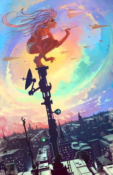Anime picture 1155x1785 with original rtil (artist) single long hair tall image highres sitting bare shoulders brown eyes pink hair sky cloud (clouds) barefoot light smile city cityscape girl shorts building (buildings) short shorts