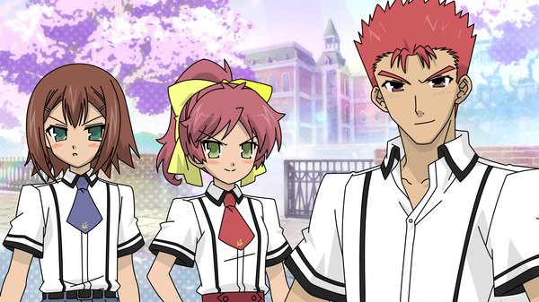 Anime picture 1920x1080 with baka to test to shoukanjuu silver link kinoshita hideyoshi shimada minami sakamoto yuuji blush highres short hair smile brown hair wide image green eyes cherry blossoms otoko no ko girl boy uniform hair ornament school uniform necktie