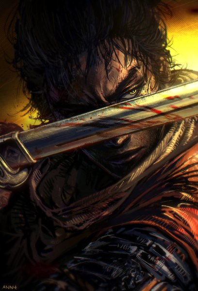 Anime picture 2137x3146 with sekiro: shadows die twice from software sekiro anniechromes single tall image highres short hair black hair signed yellow eyes looking away upper body serious bloody weapon boy weapon sword katana blood