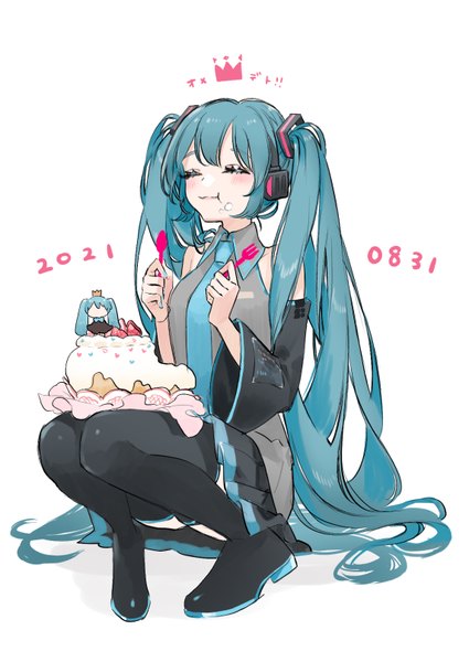 Anime picture 572x808 with vocaloid hatsune miku yua (tick-tack) single tall image fringe simple background hair between eyes white background sitting twintails full body eyes closed very long hair aqua hair dated happy eating ^ ^ food on face