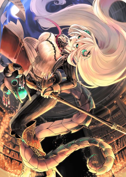 Anime picture 2508x3541 with original zabeo0125 single long hair tall image looking at viewer fringe highres breasts open mouth hair between eyes large breasts sky bent knee (knees) white hair indoors tail nail polish head tilt horn (horns)
