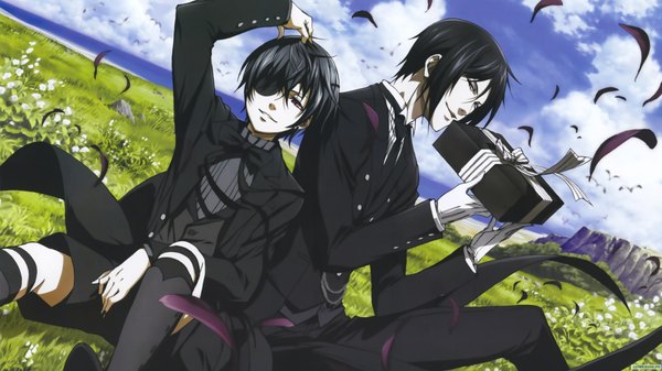 Anime picture 1920x1080 with kuroshitsuji a-1 pictures sebastian michaelis ciel phantomhive highres short hair black hair smile red eyes wide image brown eyes sky cloud (clouds) mountain boy gloves flower (flowers) plant (plants) necktie bowtie