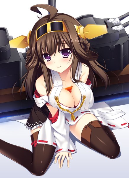 Anime picture 1234x1696 with kantai collection kongou battleship raiou single long hair tall image looking at viewer blush breasts light erotic black hair smile large breasts purple eyes bare shoulders nontraditional miko girl thighhighs black thighhighs detached sleeves