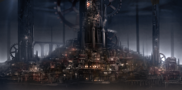 Anime picture 2052x1024 with original ryosios highres wide image no people landscape scenic city lights steam punk building (buildings) bridge gears