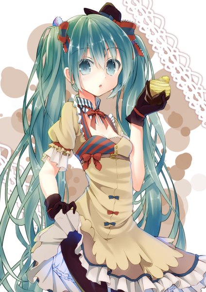 Anime picture 1191x1684 with vocaloid hatsune miku ennui heiwa miku tika (mika4975) single tall image looking at viewer twintails very long hair aqua eyes aqua hair girl dress gloves bow hair bow hat