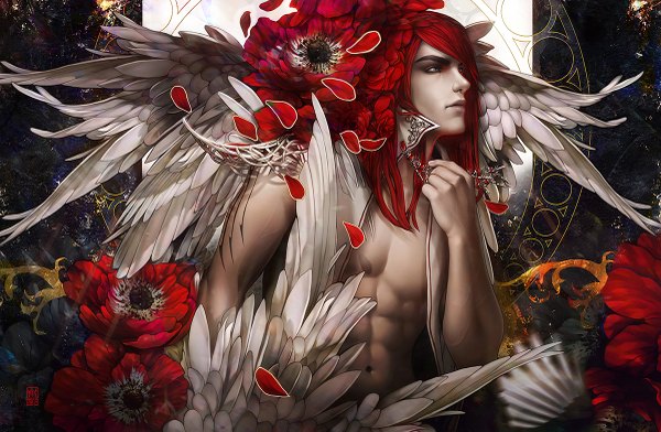 Anime picture 1200x785 with original valentina remenar single long hair blue eyes red hair hair flower tattoo muscle boy hair ornament flower (flowers) petals wings feather (feathers)