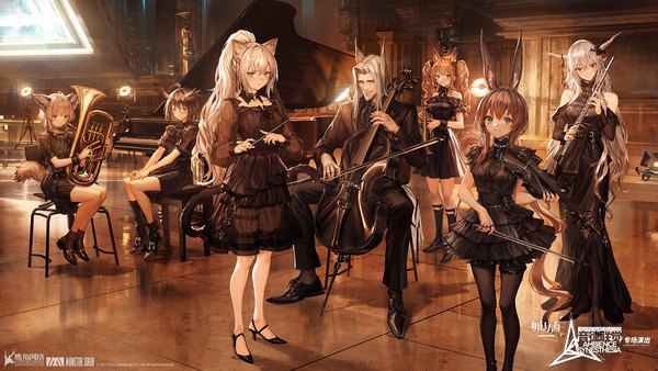 Anime picture 1920x1080 with arknights ambience synesthesia amiya (arknights) schwarz (arknights) angelina (arknights) shining (arknights) silence (arknights) sussurro (arknights) hellagur (arknights) lm7 (op-center) long hair looking at viewer fringe highres short hair breasts blue eyes smile hair between eyes red eyes