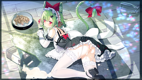 Anime picture 5635x3190 with artery gear: fusion meko (artery gear) meko (forgetful maid) (artery gear) youmu (tomgoku2) single fringe highres short hair light erotic red eyes wide image animal ears looking away absurdres ass indoors tail lying animal tail green hair