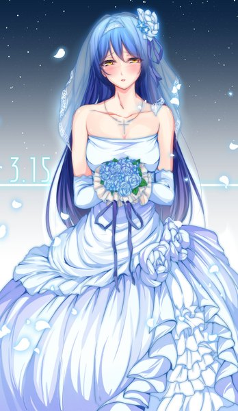 Anime picture 1165x2008 with love live! school idol project sunrise (studio) love live! sonoda umi minamon (vittel221) single long hair tall image looking at viewer blush bare shoulders yellow eyes blue hair wedding girl dress flower (flowers) petals bouquet wedding dress