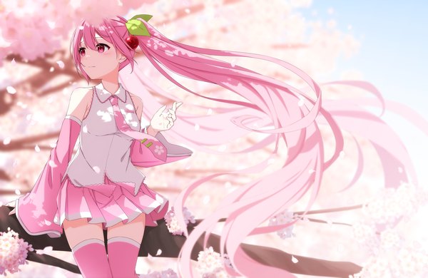 Anime picture 1578x1027 with vocaloid hatsune miku sakura miku aoi thomas single fringe hair between eyes sitting twintails looking away pink hair very long hair pleated skirt pink eyes wind cherry blossoms spring tree sitting girl thighhighs