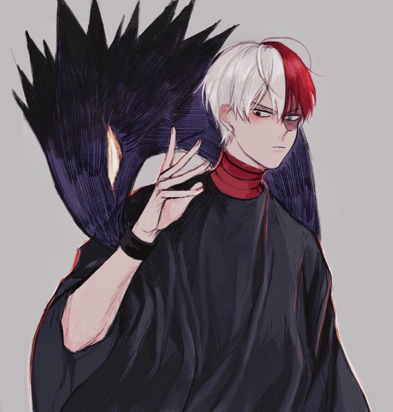 Anime picture 1851x1942 with boku no hero academia studio bones todoroki shouto imtangsun single tall image fringe highres short hair blue eyes simple background hair between eyes looking away upper body white hair red hair multicolored hair grey background two-tone hair grey eyes