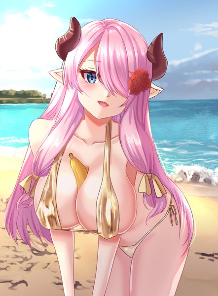 Anime picture 1190x1614 with granblue fantasy narmaya (granblue fantasy) sproutpotato single long hair tall image looking at viewer blush fringe breasts open mouth blue eyes light erotic smile large breasts standing pink hair sky cloud (clouds) :d
