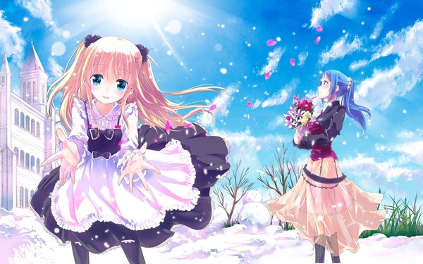 Anime picture 4415x2762 with original kazumiya akira long hair looking at viewer blush highres blue eyes blonde hair multiple girls blue hair looking away absurdres sky cloud (clouds) ponytail sunlight lens flare looking up winter snow