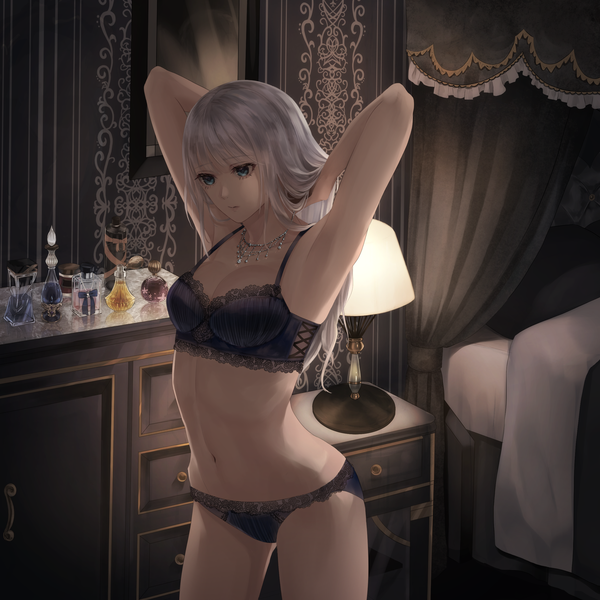 Anime picture 2508x2508 with original nyaon oekaki single long hair fringe highres breasts blue eyes light erotic large breasts standing payot looking away cleavage indoors blunt bangs grey hair arms up sparkle armpit (armpits)
