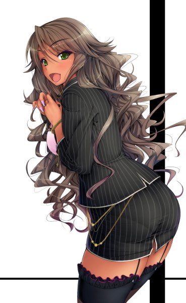Anime picture 738x1200 with original ishii akira single long hair tall image looking at viewer blush open mouth brown hair green eyes girl thighhighs skirt black thighhighs