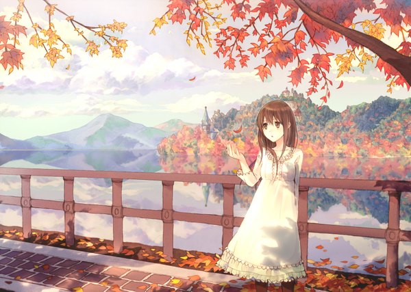 Anime picture 1600x1140 with original usui (tripcube) single long hair brown hair standing brown eyes reflection mountain autumn girl dress water leaf (leaves)