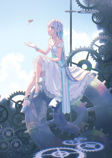 Anime picture 708x1000 with rebellio machina dengeki bunko kanon byakudan reia single tall image fringe sitting purple eyes bare shoulders payot sky cleavage silver hair cloud (clouds) full body outdoors braid (braids) very long hair off shoulder