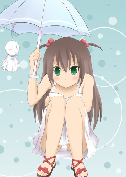 Anime picture 1447x2039 with original beautiful world (artist) single long hair tall image looking at viewer blush light erotic brown hair green eyes two side up pantyshot pantyshot sitting girl umbrella sundress teru teru bozu