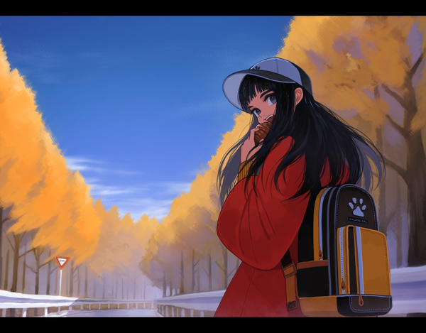 Anime picture 2047x1600 with original kaneni single long hair looking at viewer fringe highres blue eyes black hair sky blunt bangs looking back letterboxed eating autumn girl plant (plants) tree (trees) food backpack