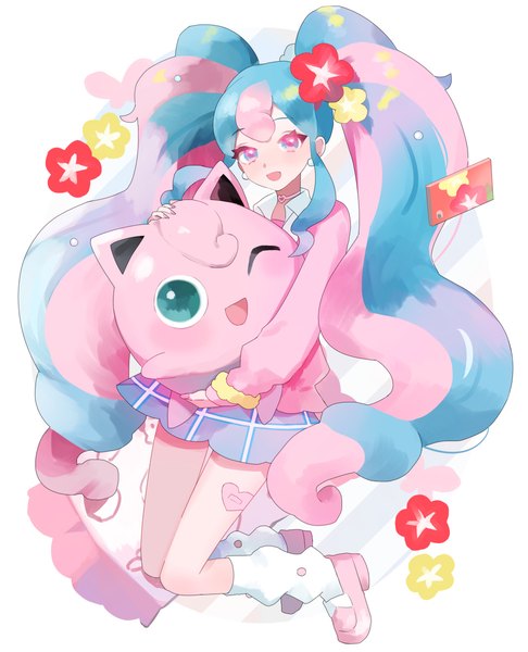 Anime picture 972x1200 with pokemon vocaloid nintendo project voltage hatsune miku jigglypuff fairy miku (project voltage) meijoo single long hair tall image looking at viewer fringe open mouth hair between eyes twintails blue hair pink hair full body :d