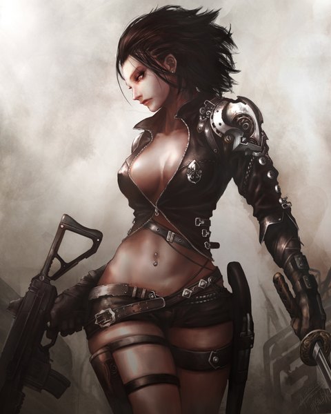 Anime picture 1588x1984 with original jay b lee single tall image short hair breasts light erotic brown hair large breasts cleavage profile pink eyes realistic no bra midriff legs piercing navel piercing warrior girl