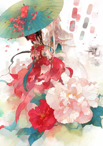 Anime picture 636x900 with original mlcamaro long hair tall image red eyes brown hair standing looking away white hair profile couple face to face covering eye (eyes) shared umbrella girl boy flower (flowers) umbrella oriental umbrella hibiscus