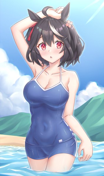 Anime picture 2300x3900 with umamusume kitasan black (umamusume) yue zi single tall image highres short hair breasts light erotic black hair red eyes large breasts standing animal ears sky cloud (clouds) ahoge outdoors multicolored hair :o