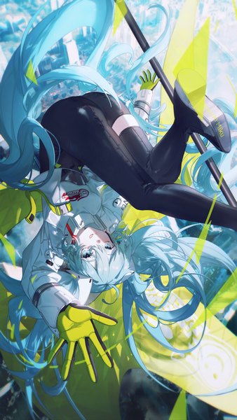 Anime picture 3000x5333 with vocaloid goodsmile racing hatsune miku racing miku racing miku (2022) konya karasue single tall image fringe highres hair between eyes twintails very long hair aqua eyes aqua hair zettai ryouiki upside down girl gloves multicolored gloves