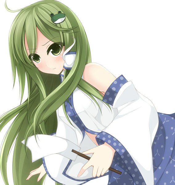 Anime picture 1080x1140 with touhou kochiya sanae chimunge single long hair tall image blush simple background white background bare shoulders green eyes green hair girl hair ornament detached sleeves hair tubes gohei