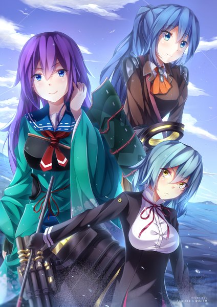 Anime picture 900x1273 with kantai collection dmith (baguscasbon) long hair tall image blush short hair blue eyes smile multiple girls yellow eyes blue hair sky purple hair cloud (clouds) cosplay girl dress gloves animal black gloves