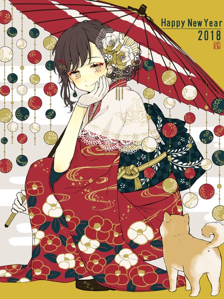 Anime-Bild 1500x2000 mit original akakura single tall image blush fringe short hair smile holding full body traditional clothes japanese clothes wide sleeves floral print looking down squat new year happy new year hand on cheek 2018