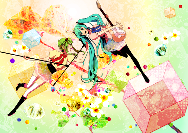 Anime picture 2977x2105 with vocaloid hatsune miku gumi 778-go blush highres short hair open mouth smile twintails multiple girls green eyes very long hair aqua eyes green hair aqua hair looking down looking up sunglasses on head girl