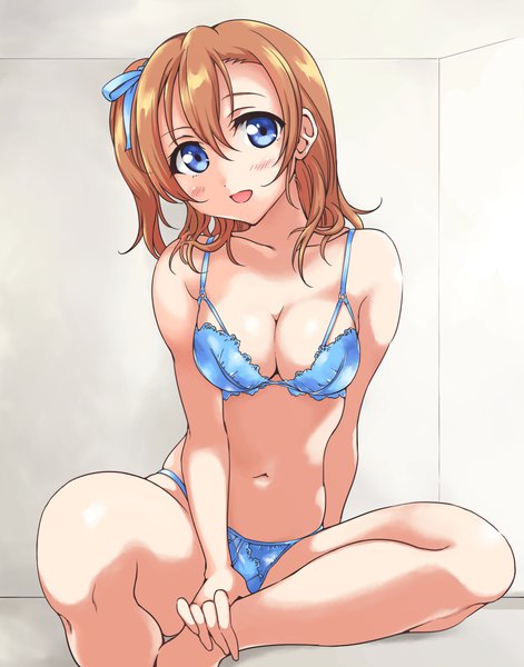Anime picture 2000x2546 with love live! school idol project sunrise (studio) love live! kousaka honoka tetopetesone single tall image looking at viewer blush fringe highres short hair breasts open mouth blue eyes light erotic smile hair between eyes large breasts sitting