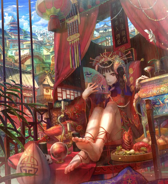 Anime picture 1163x1268 with original fuzichoco single long hair tall image looking at viewer fringe brown hair sitting twintails brown eyes blunt bangs braid (braids) traditional clothes barefoot lips legs city chinese clothes soles