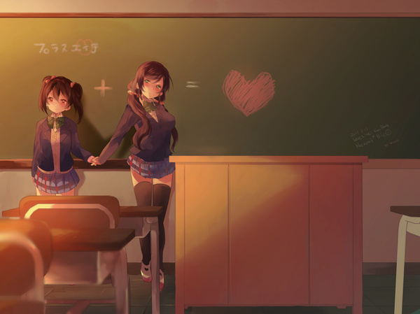 Anime picture 1469x1101 with love live! school idol project sunrise (studio) love live! yazawa nico toujou nozomi miseinen long hair blush short hair black hair red eyes standing twintails multiple girls green eyes pleated skirt low twintails holding hands classroom girl