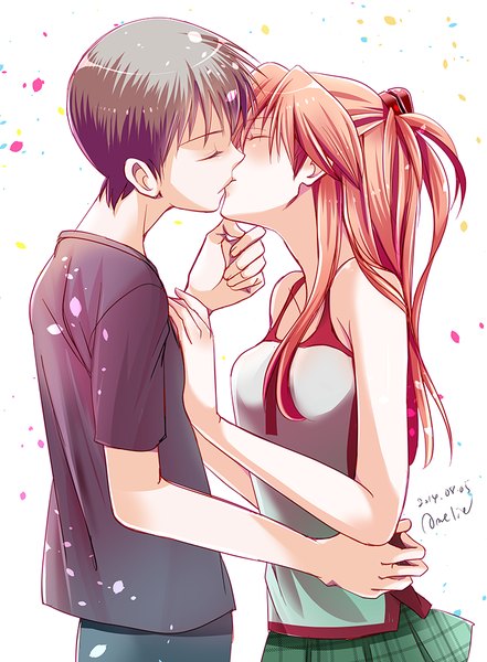 Anime picture 736x1000 with neon genesis evangelion rebuild of evangelion gainax soryu asuka langley ikari shinji amelie long hair tall image blush fringe short hair breasts black hair signed eyes closed orange hair couple dated kiss casual