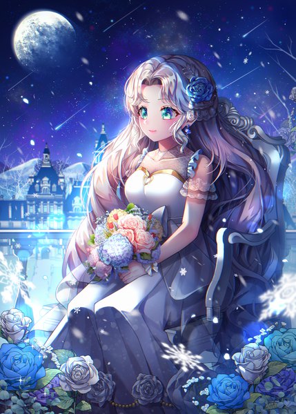 Anime picture 2500x3495 with original hayun single long hair tall image blush fringe highres breasts blue eyes smile sitting holding payot looking away silver hair outdoors hair flower night sparkle