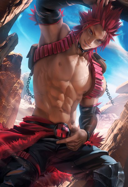 Anime picture 2395x3500 with boku no hero academia studio bones kirishima eijirou sakimichan single tall image looking at viewer highres short hair smile red eyes standing signed sky cloud (clouds) nipples outdoors red hair arm up lips