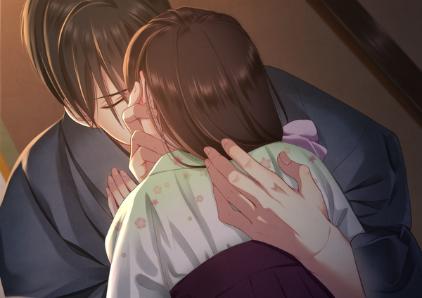 Anime picture 1303x918 with renri no chigiri wo kimi to shiru izumi (stardustalone) long hair fringe short hair brown hair upper body indoors eyes closed traditional clothes japanese clothes from behind couple hug kiss hand on another's face girl boy kimono obi