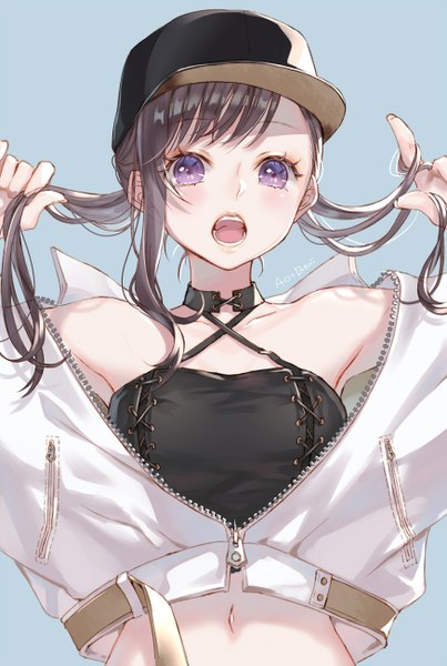 Anime picture 874x1300 with original ao+beni single long hair tall image looking at viewer blush fringe breasts open mouth simple background brown hair standing purple eyes bare shoulders signed payot upper body arms up teeth