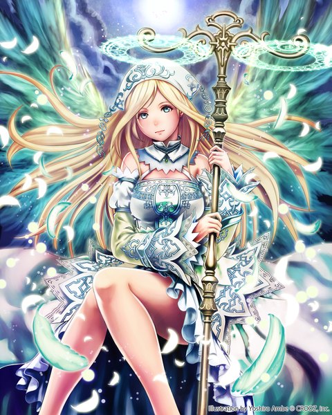 Anime picture 1279x1600 with shinma x keishou! ragnabreak original anbe yoshirou single long hair tall image looking at viewer blue eyes blonde hair girl dress hair ornament detached sleeves petals wings staff